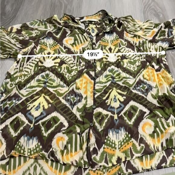 Zara Brown & Green Boho Aztec Print‎ Sheer Long Sleeve Button Down Shirt Size L - Picture 9 of 10